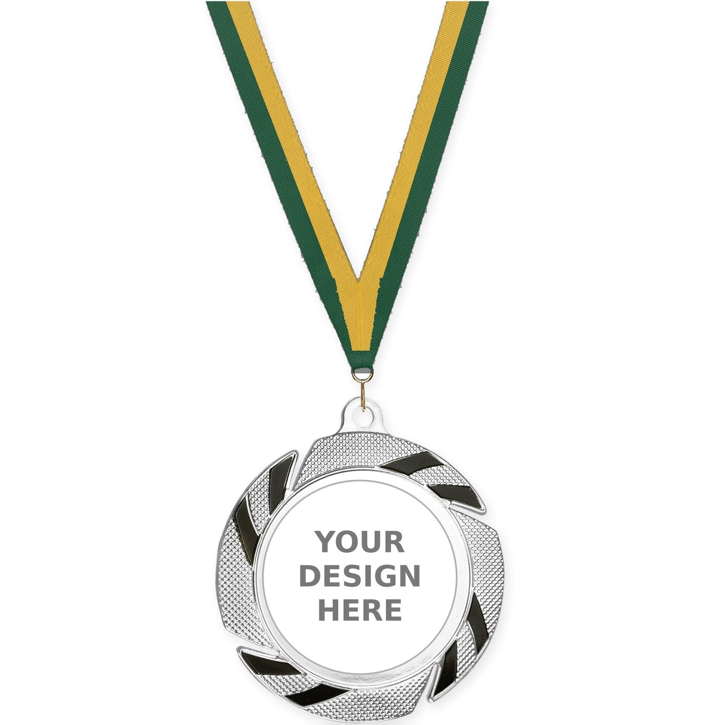 2 3/4 inch Two-Tone Swoosh insert medal in silver/black with Hunter Green Gold neck ribbon