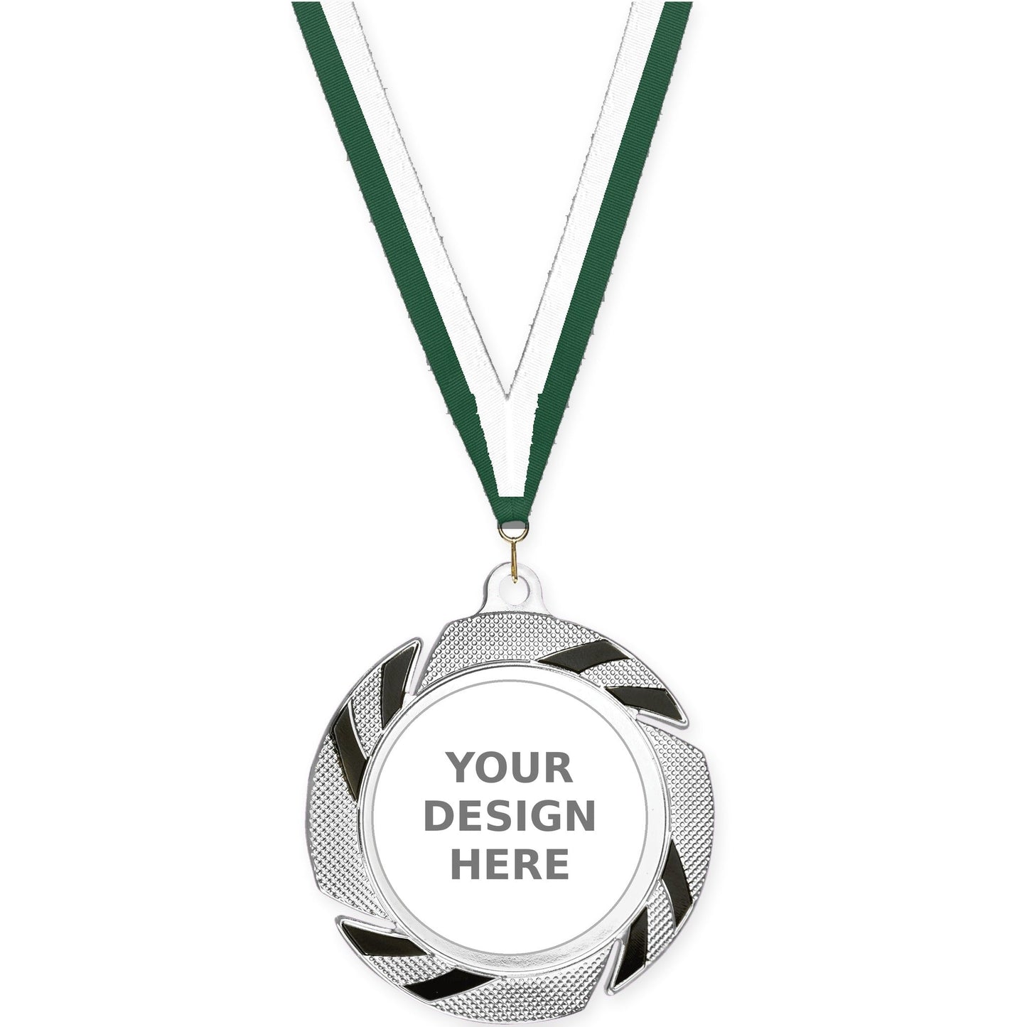 2 3/4 inch Two-Tone Swoosh insert medal in silver/black with Hunter Green White neck ribbon