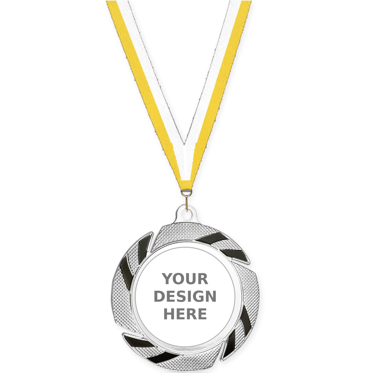 2 3/4 inch Two-Tone Swoosh insert medal in silver/black with Yellow White neck ribbon