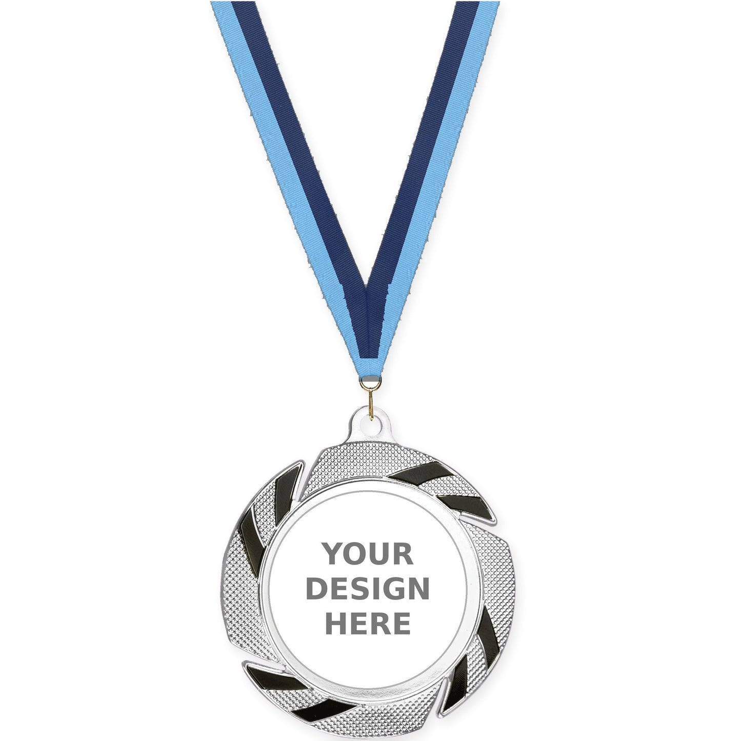2 3/4 inch Two-Tone Swoosh insert medal in silver/black with Light Blue Navy neck ribbon