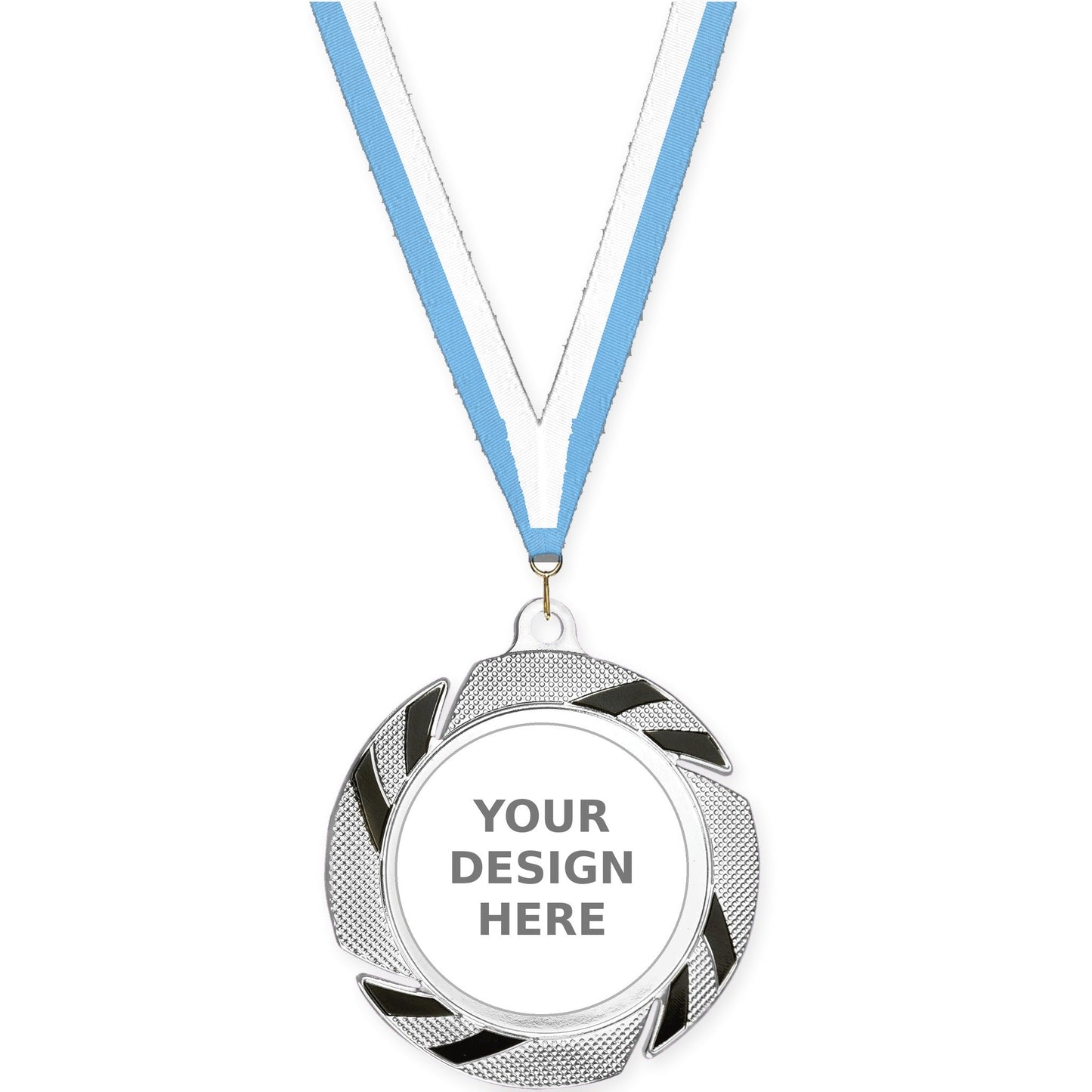 2 3/4 inch Two-Tone Swoosh insert medal in silver/black with Light Blue White neck ribbon
