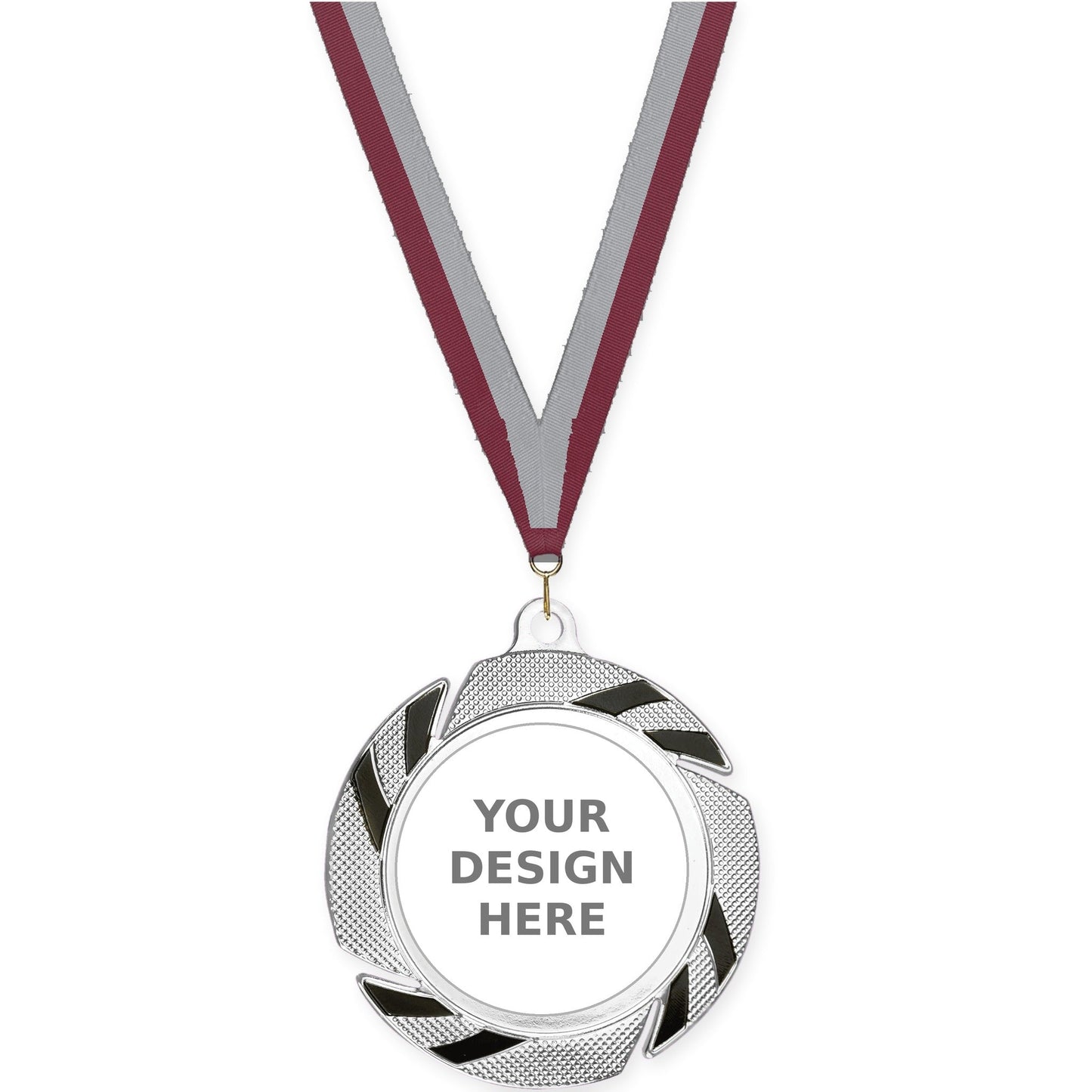 2 3/4 inch Two-Tone Swoosh insert medal in silver/black with Maroon Gray neck ribbon