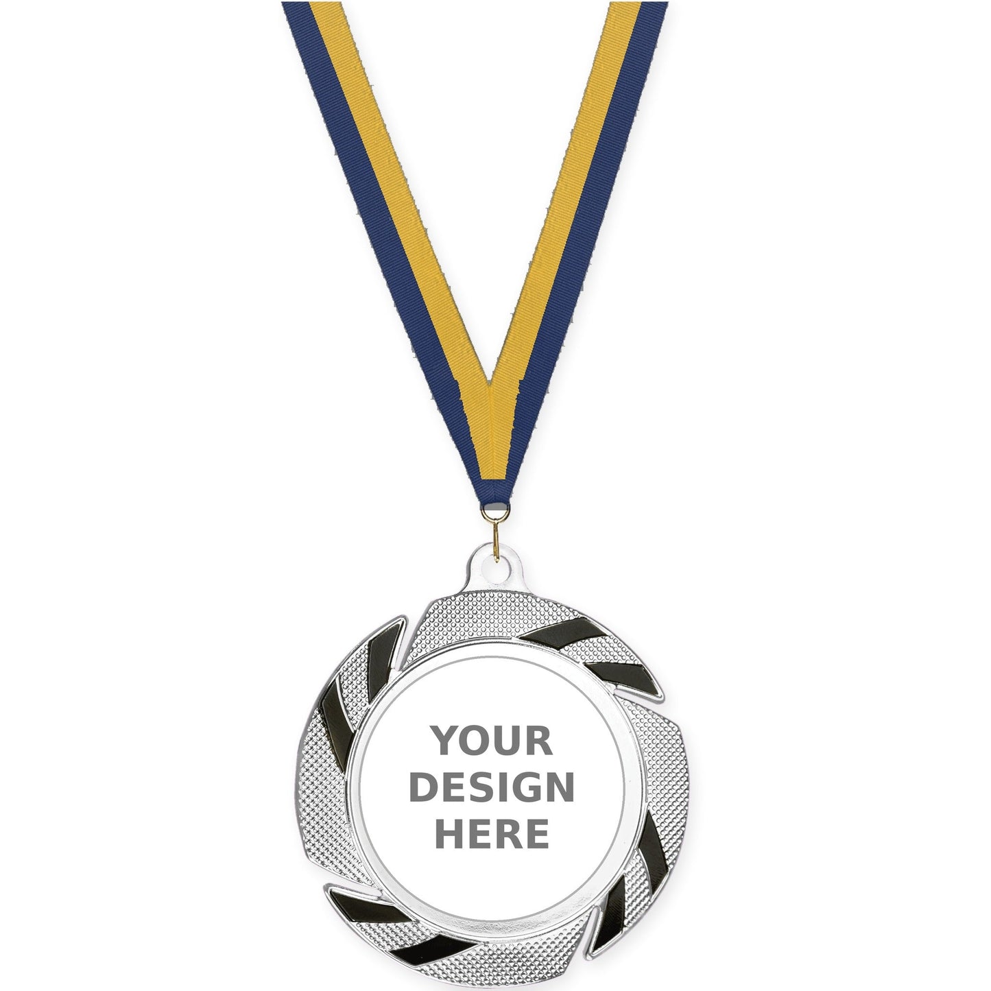 2 3/4 inch Two-Tone Swoosh insert medal in silver/black with Navy Gold neck ribbon