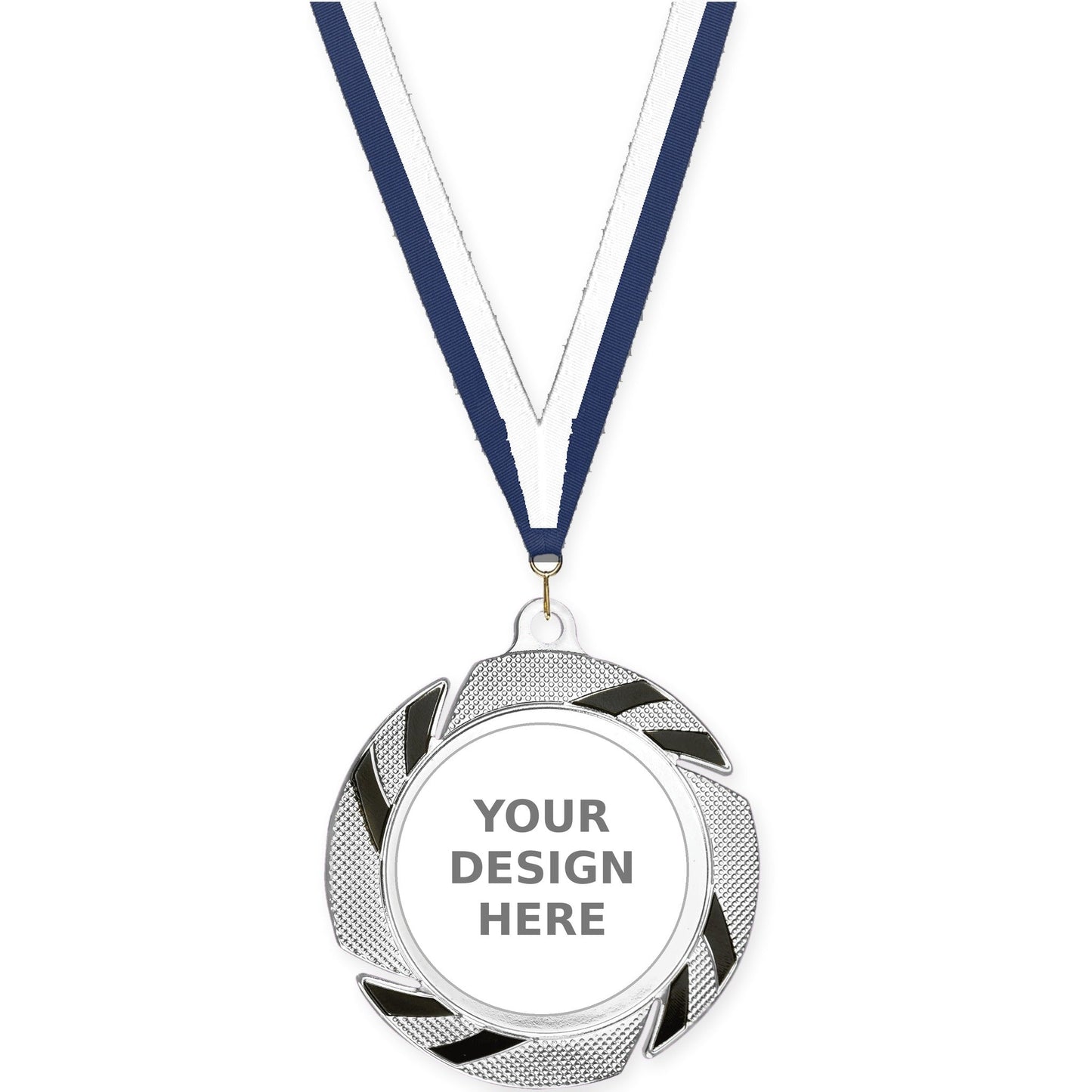 2 3/4 inch Two-Tone Swoosh insert medal in silver/black with Navy White neck ribbon