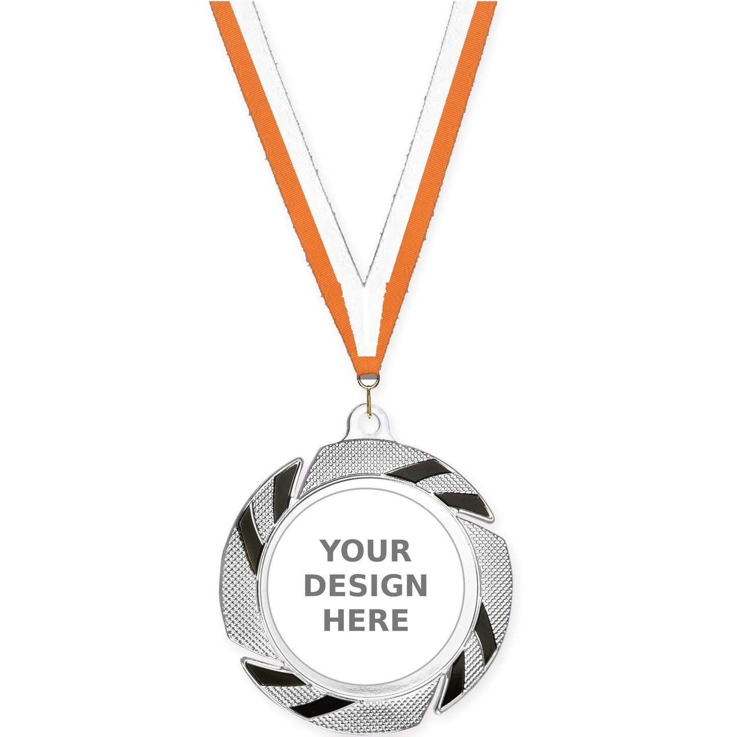 2 3/4 inch Two-Tone Swoosh insert medal in silver/black with Orange White neck ribbon