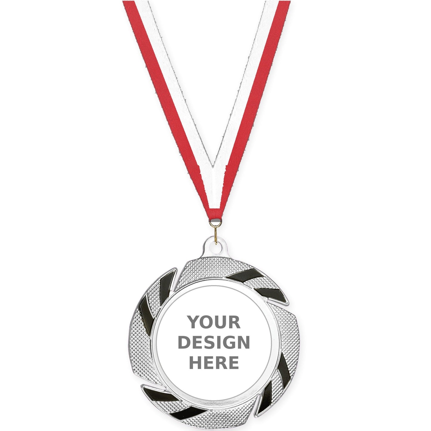 2 3/4 inch Two-Tone Swoosh insert medal in silver/black with Red White neck ribbon
