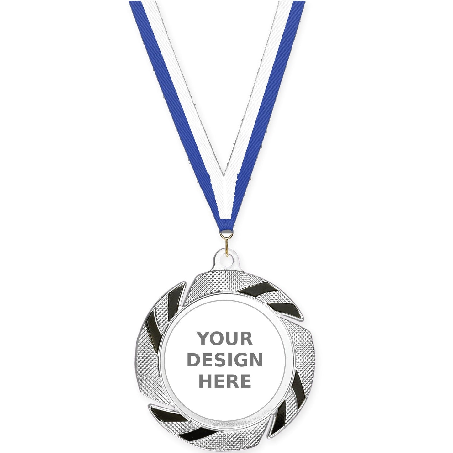 2 3/4 inch Two-Tone Swoosh insert medal in silver/black with Blue White neck ribbon