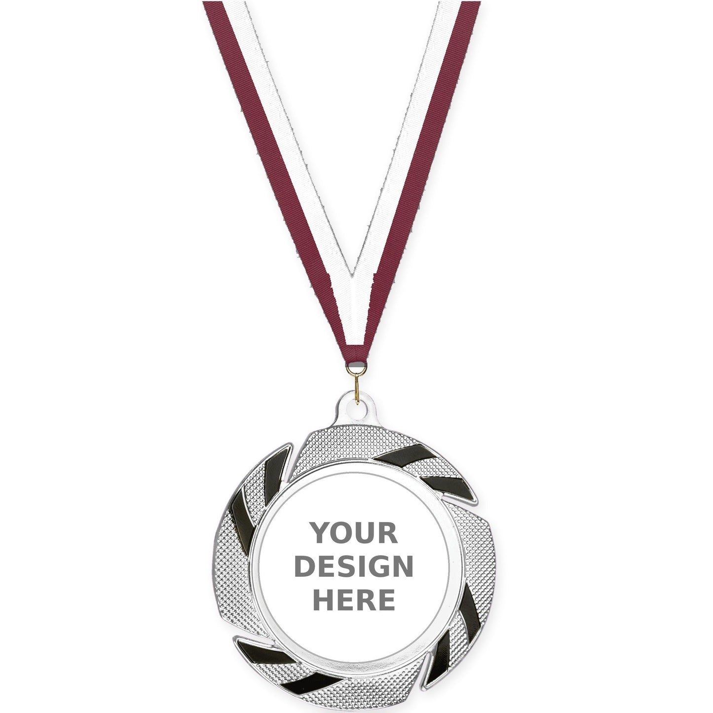 2 3/4 inch Two-Tone Swoosh insert medal in silver/black with Maroon White neck ribbon