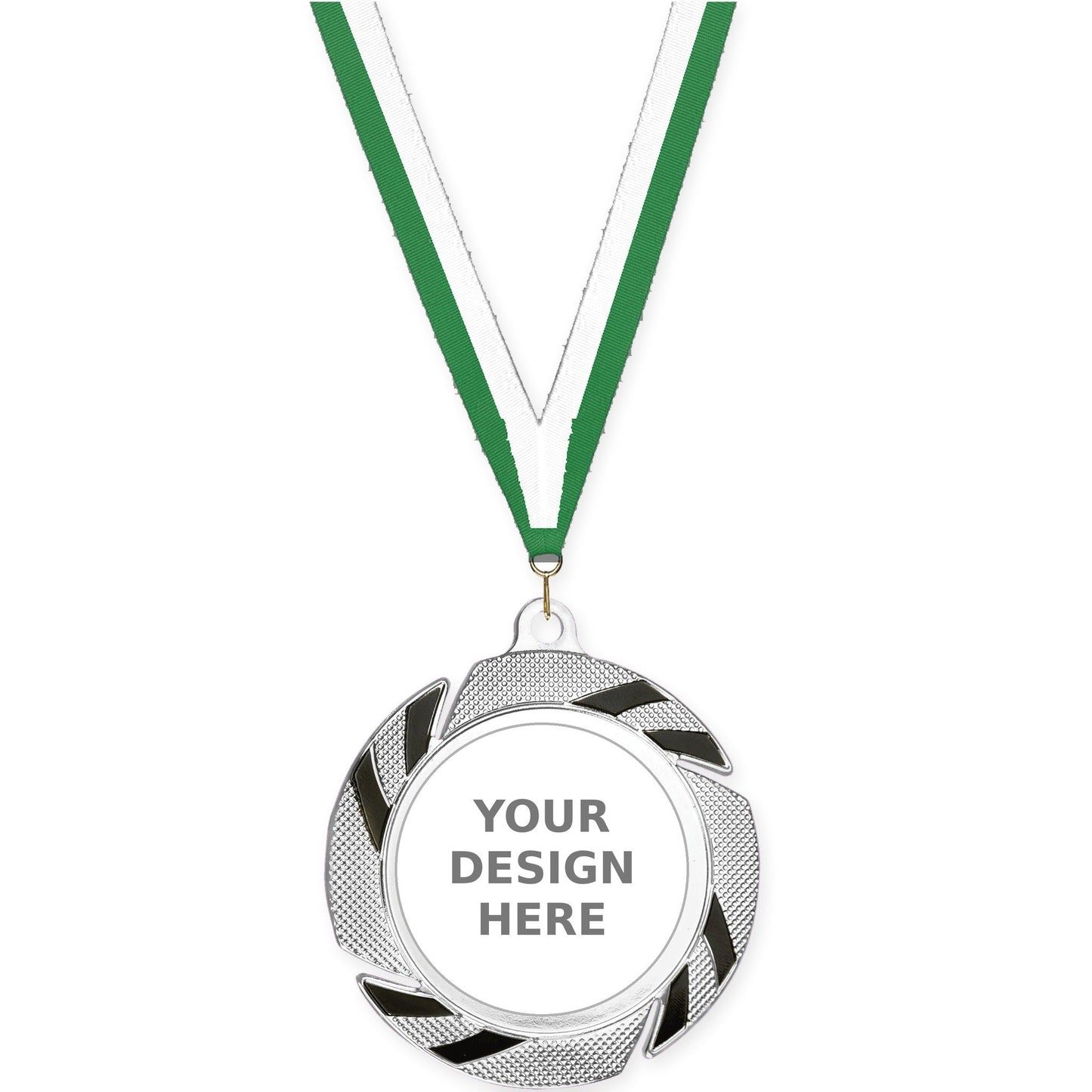 2 3/4 inch Two-Tone Swoosh insert medal in silver/black with Green White neck ribbon