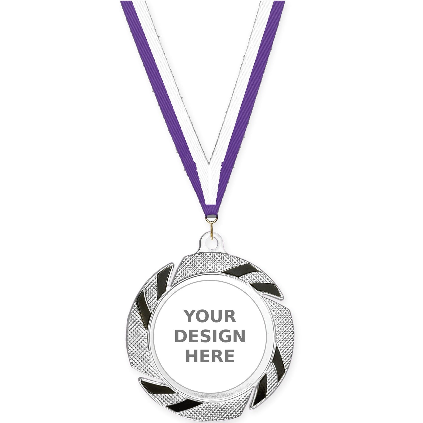 2 3/4 inch Two-Tone Swoosh insert medal in silver/black with Purple White neck ribbon