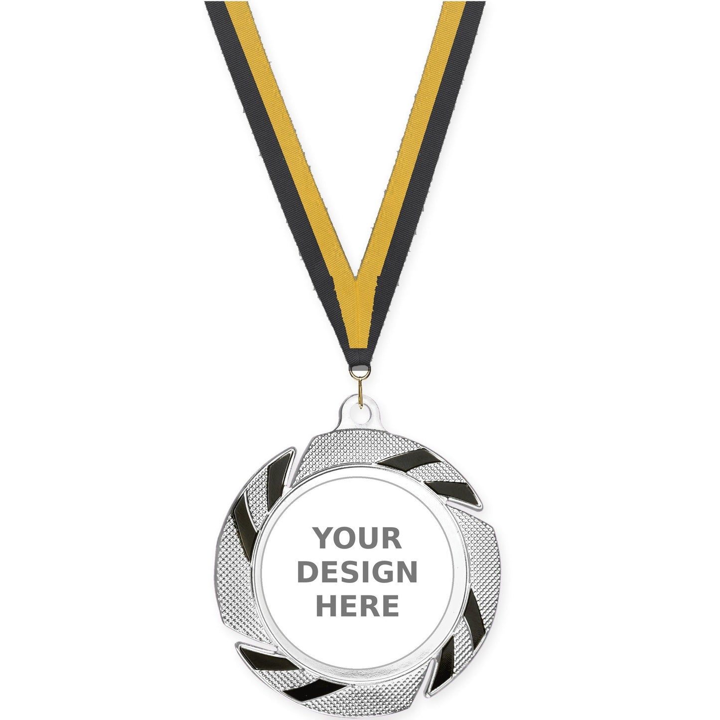 2 3/4 inch Two-Tone Swoosh insert medal in silver/black with Black Gold neck ribbon