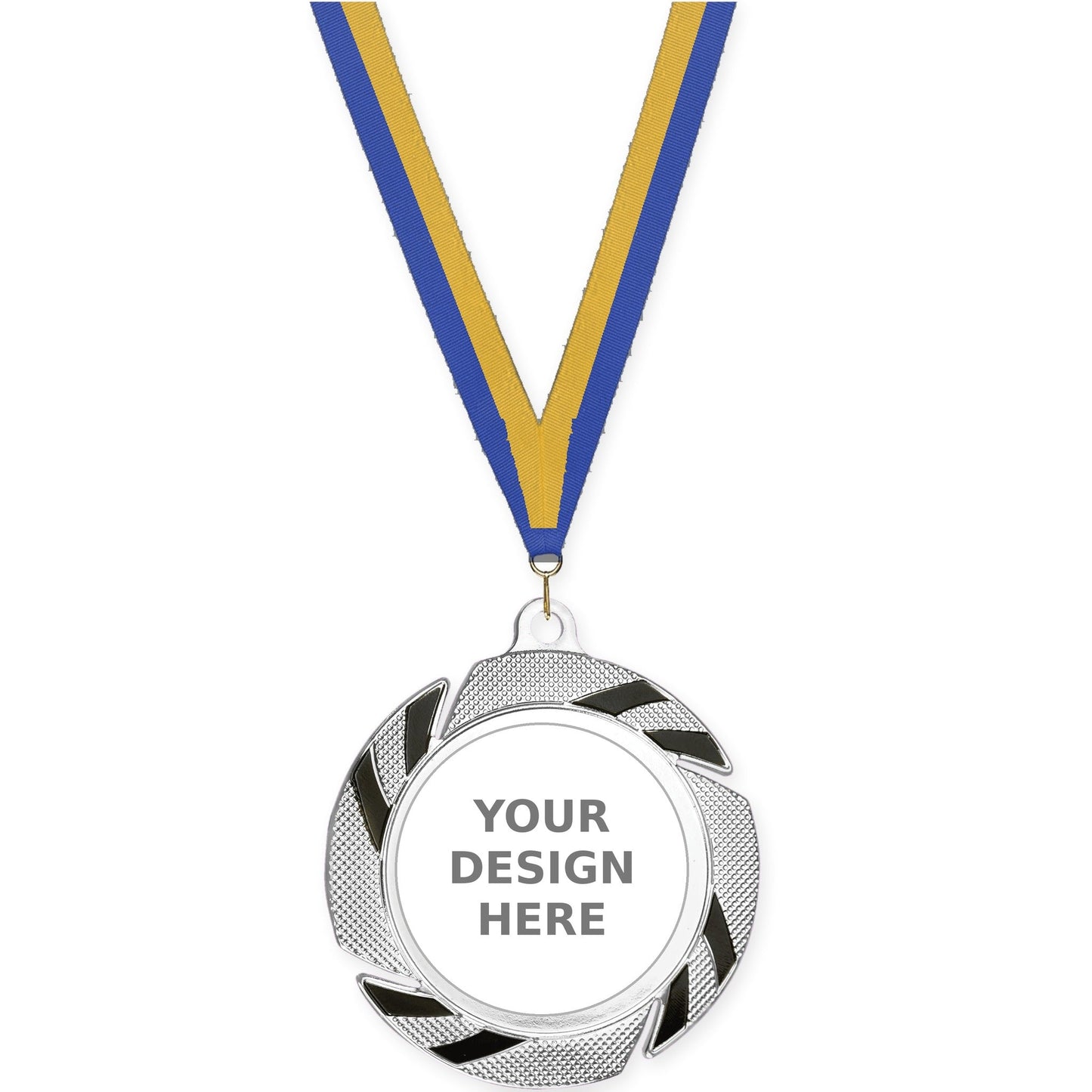 2 3/4 inch Two-Tone Swoosh insert medal in silver/black with Blue Gold neck ribbon