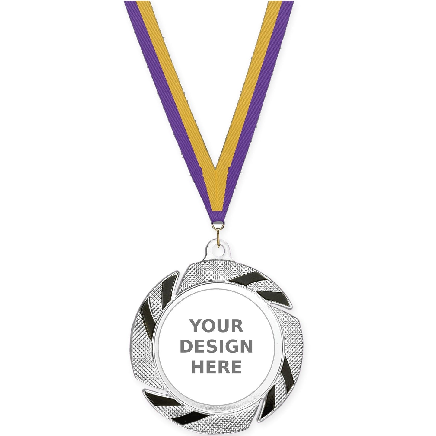 2 3/4 inch Two-Tone Swoosh insert medal in silver/black with Purple Gold neck ribbon