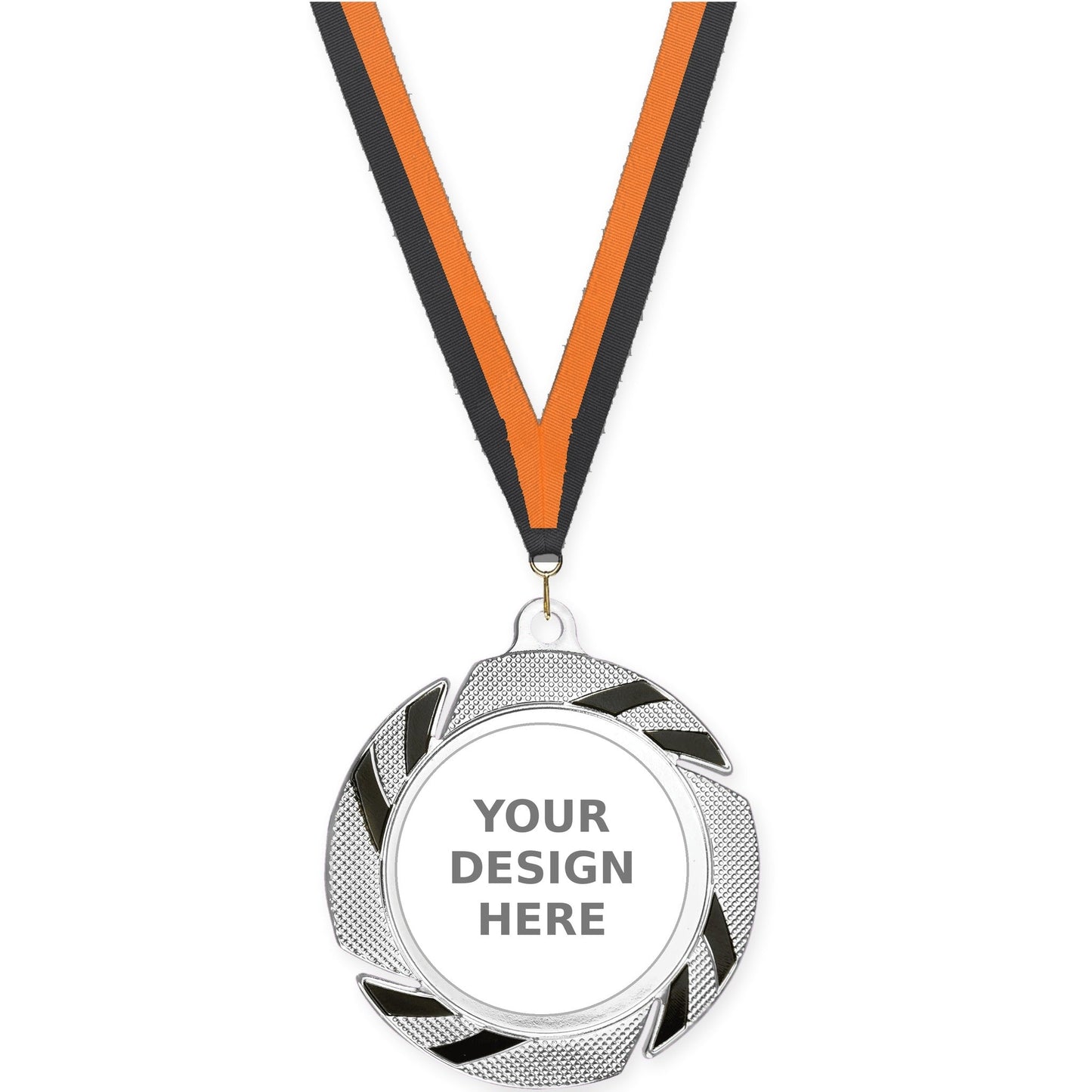 2 3/4 inch Two-Tone Swoosh insert medal in silver/black with Black Orange neck ribbon