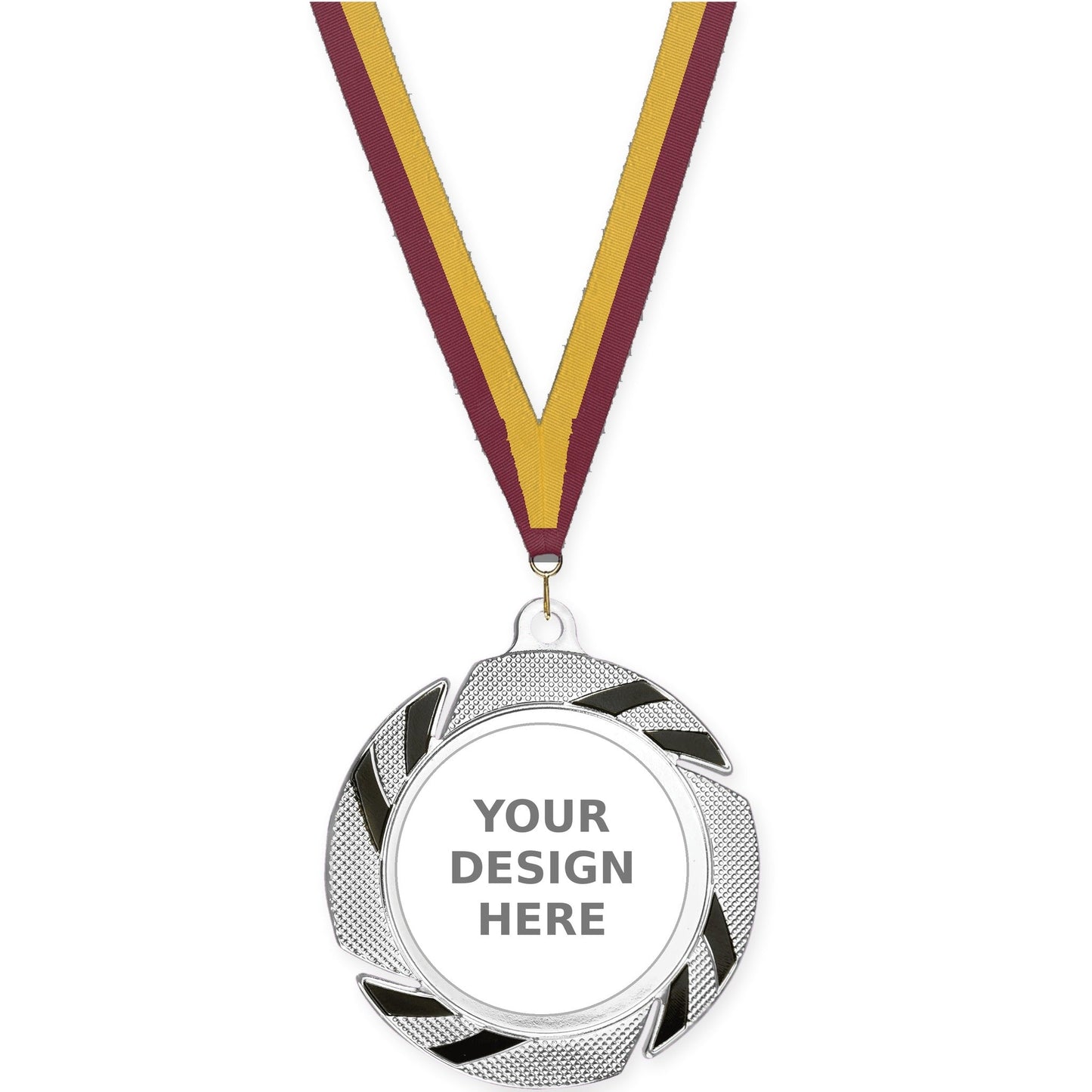2 3/4 inch Two-Tone Swoosh insert medal in silver/black with Maroon Gold neck ribbon