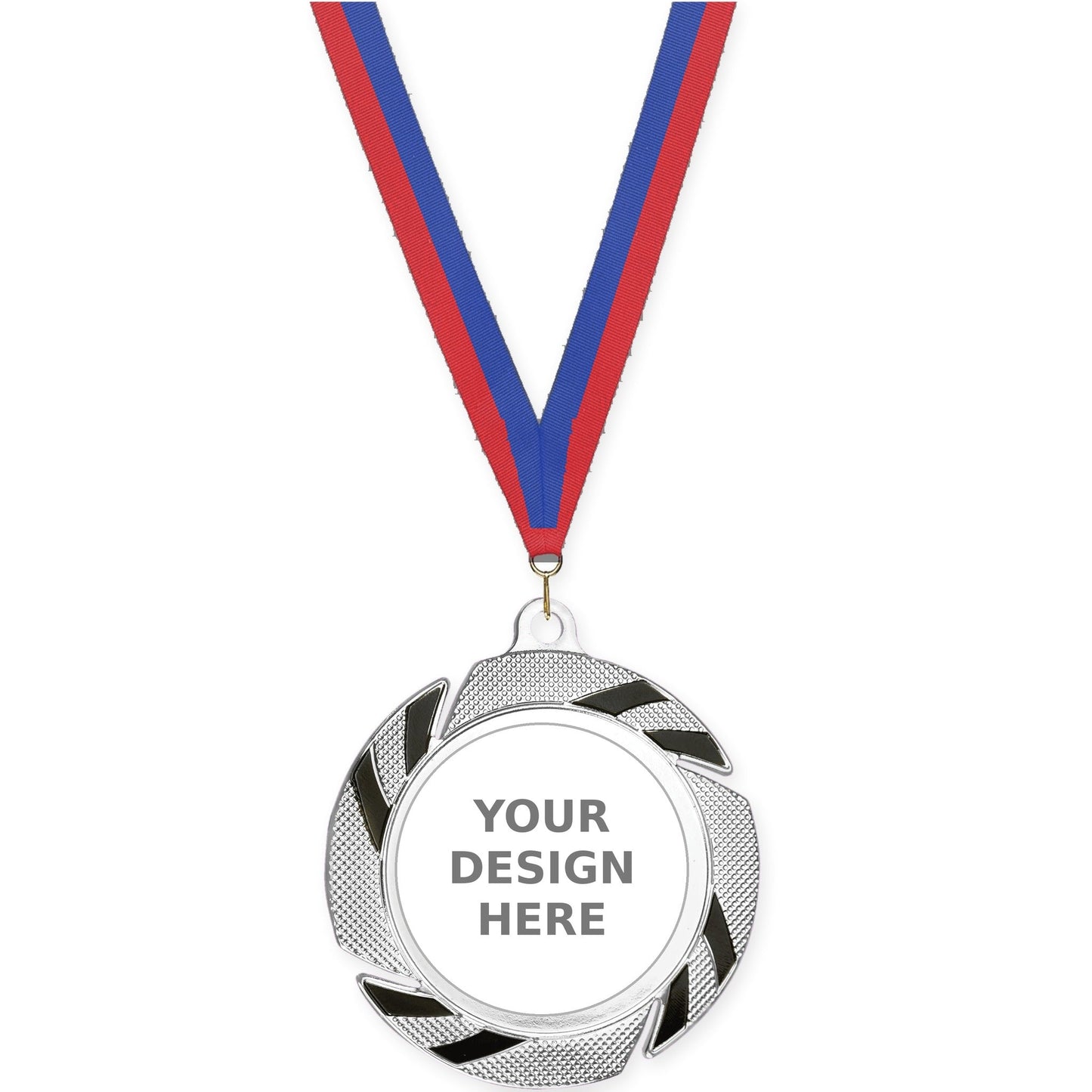 2 3/4 inch Two-Tone Swoosh insert medal in silver/black with Blue Red neck ribbon