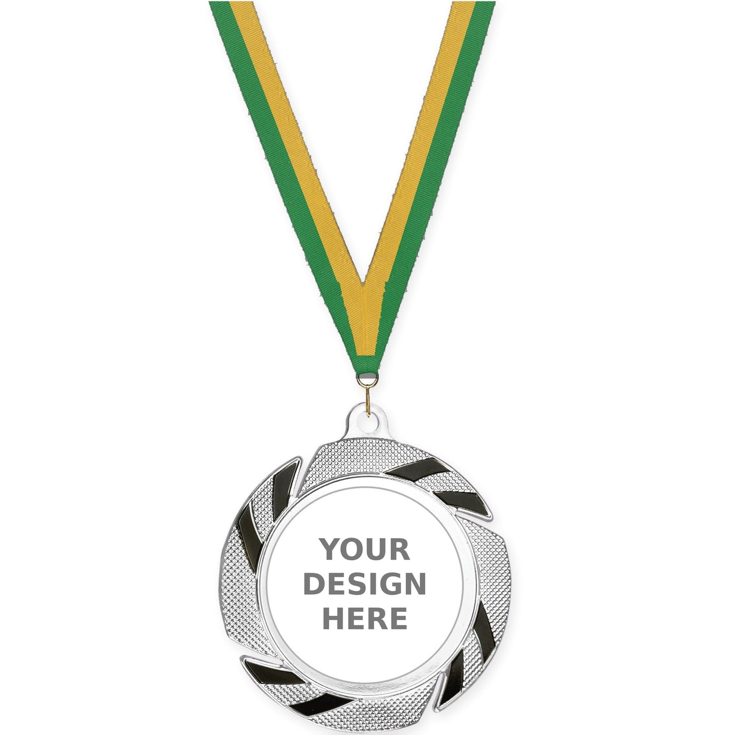 2 3/4 inch Two-Tone Swoosh insert medal in silver/black with Green Gold neck ribbon