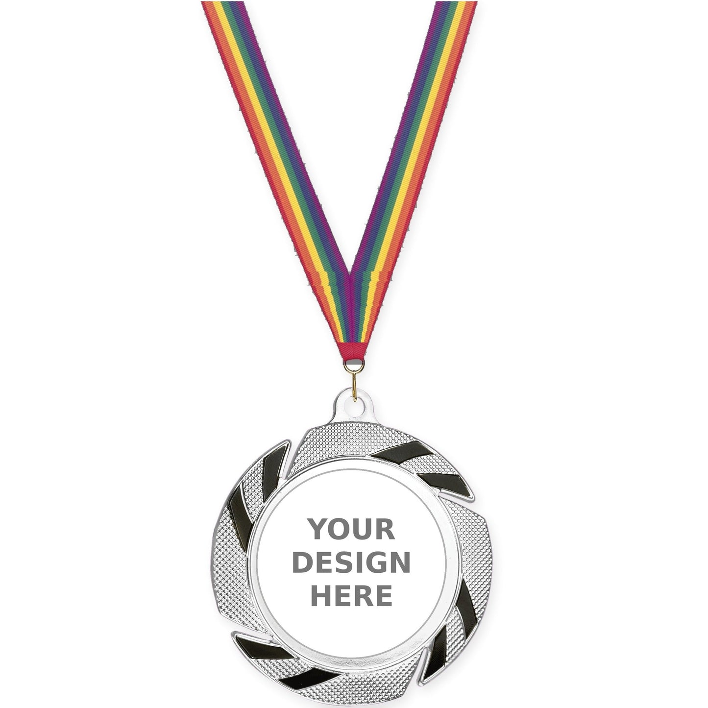 2 3/4 inch Two-Tone Swoosh insert medal in silver/black with Rainbow neck ribbon