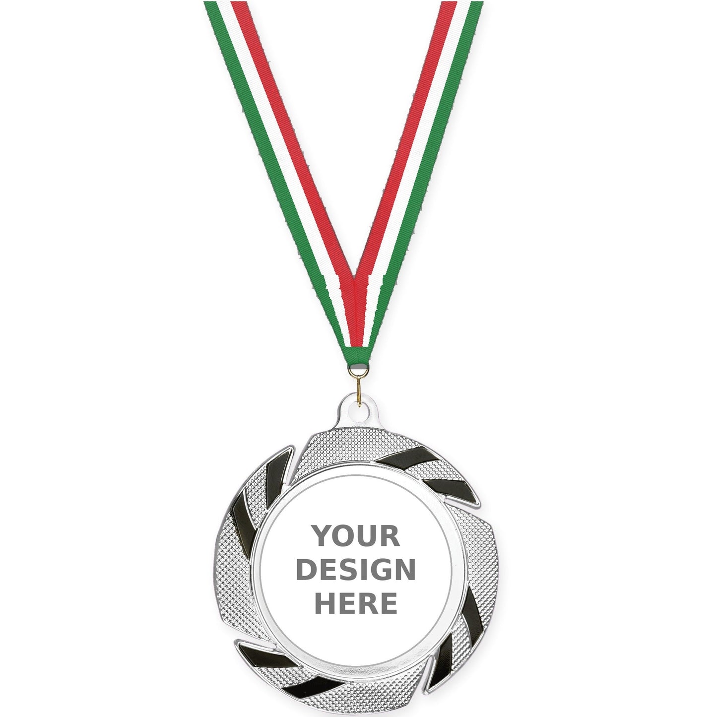 2 3/4 inch Two-Tone Swoosh insert medal in silver/black with Green White Red neck ribbon