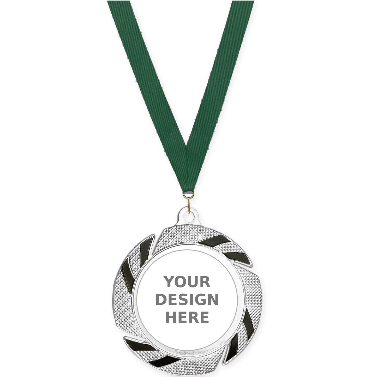 2 3/4 inch Two-Tone Swoosh insert medal in silver/black with Hunter Green neck ribbon
