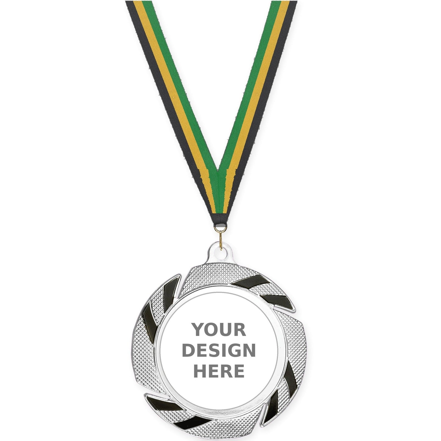2 3/4 inch Two-Tone Swoosh insert medal in silver/black with Black Gold Green neck ribbon