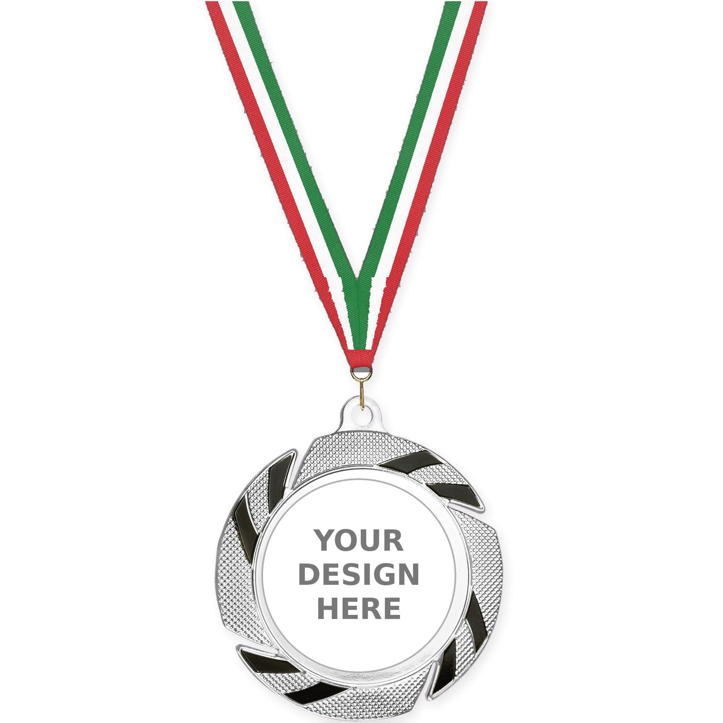 2 3/4 inch Two-Tone Swoosh insert medal in silver/black with Red White Green neck ribbon