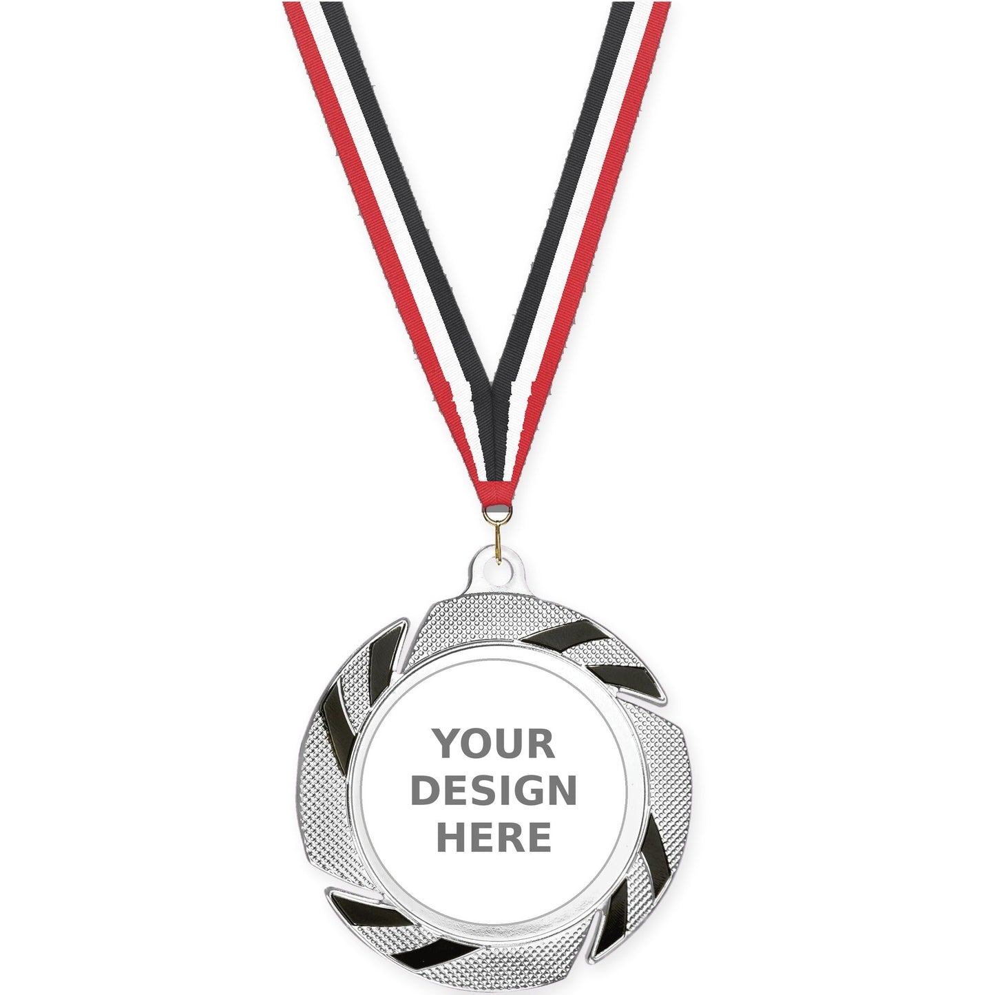 2 3/4 inch Two-Tone Swoosh insert medal in silver/black with Red White Black neck ribbon