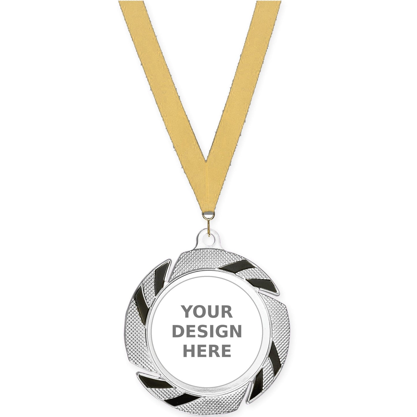 2 3/4 inch Two-Tone Swoosh insert medal in silver/black with Gold Metallic neck ribbon