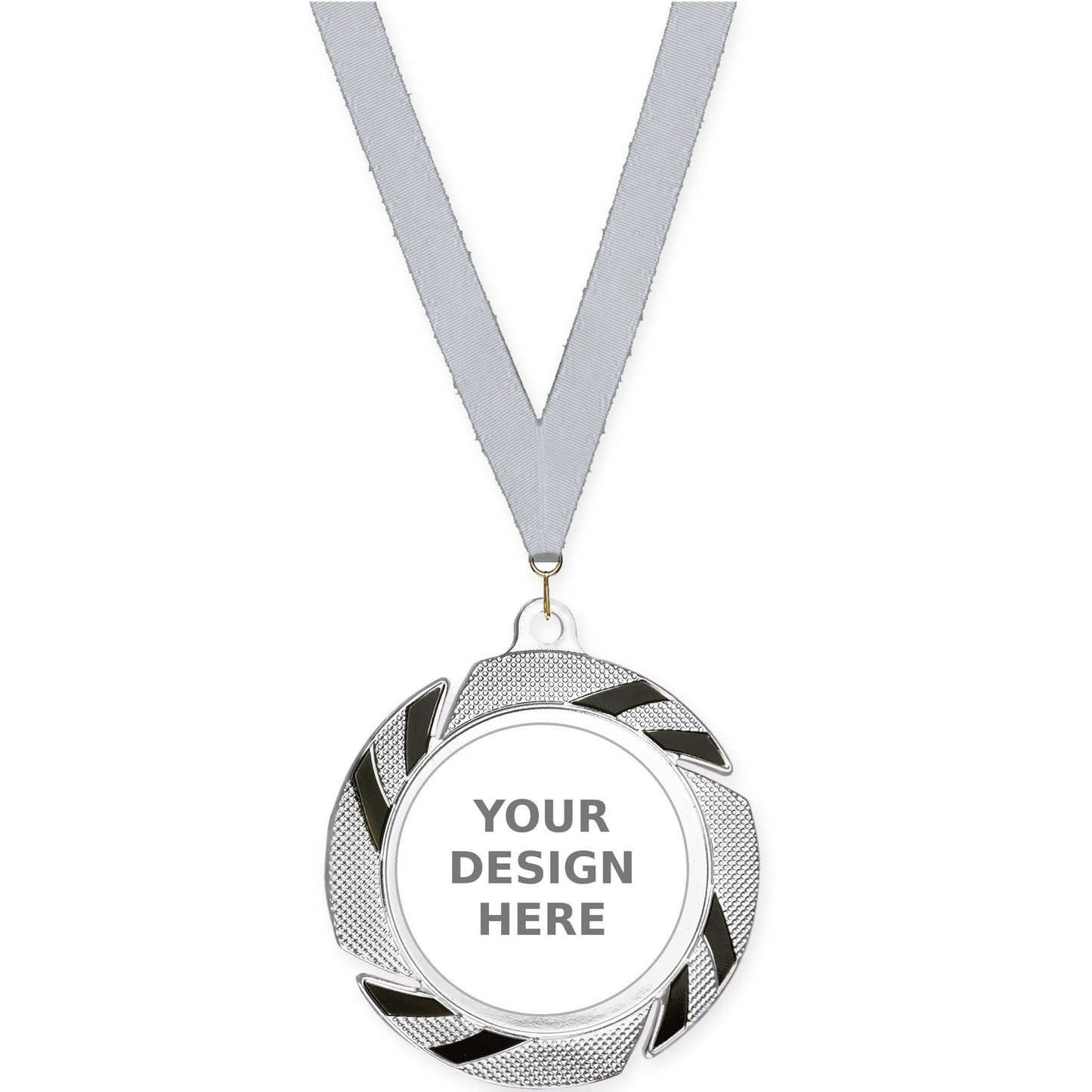 2 3/4 inch Two-Tone Swoosh insert medal in silver/black with Silver Metallic neck ribbon