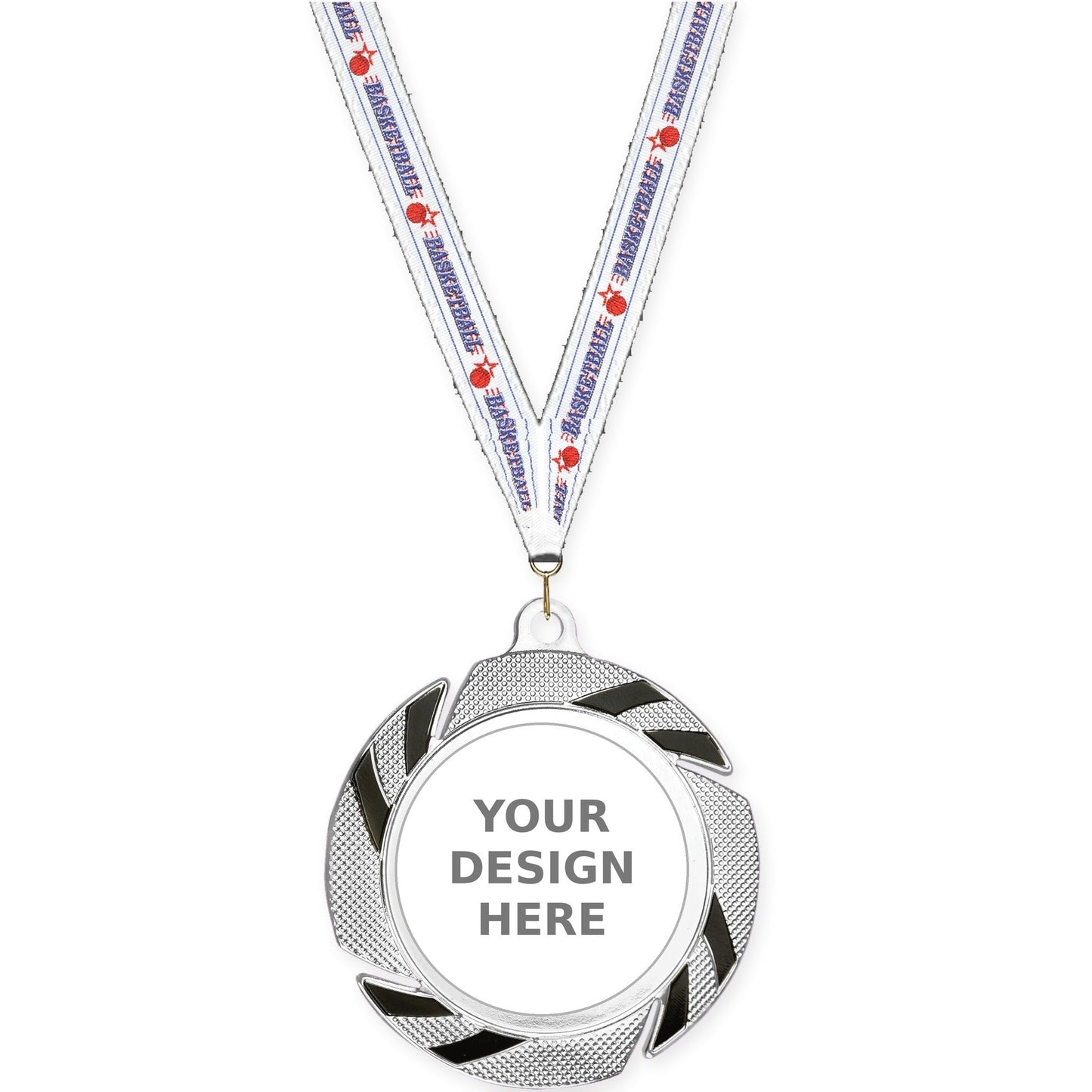2 3/4 inch Two-Tone Swoosh insert medal in silver/black with Basketball neck ribbon