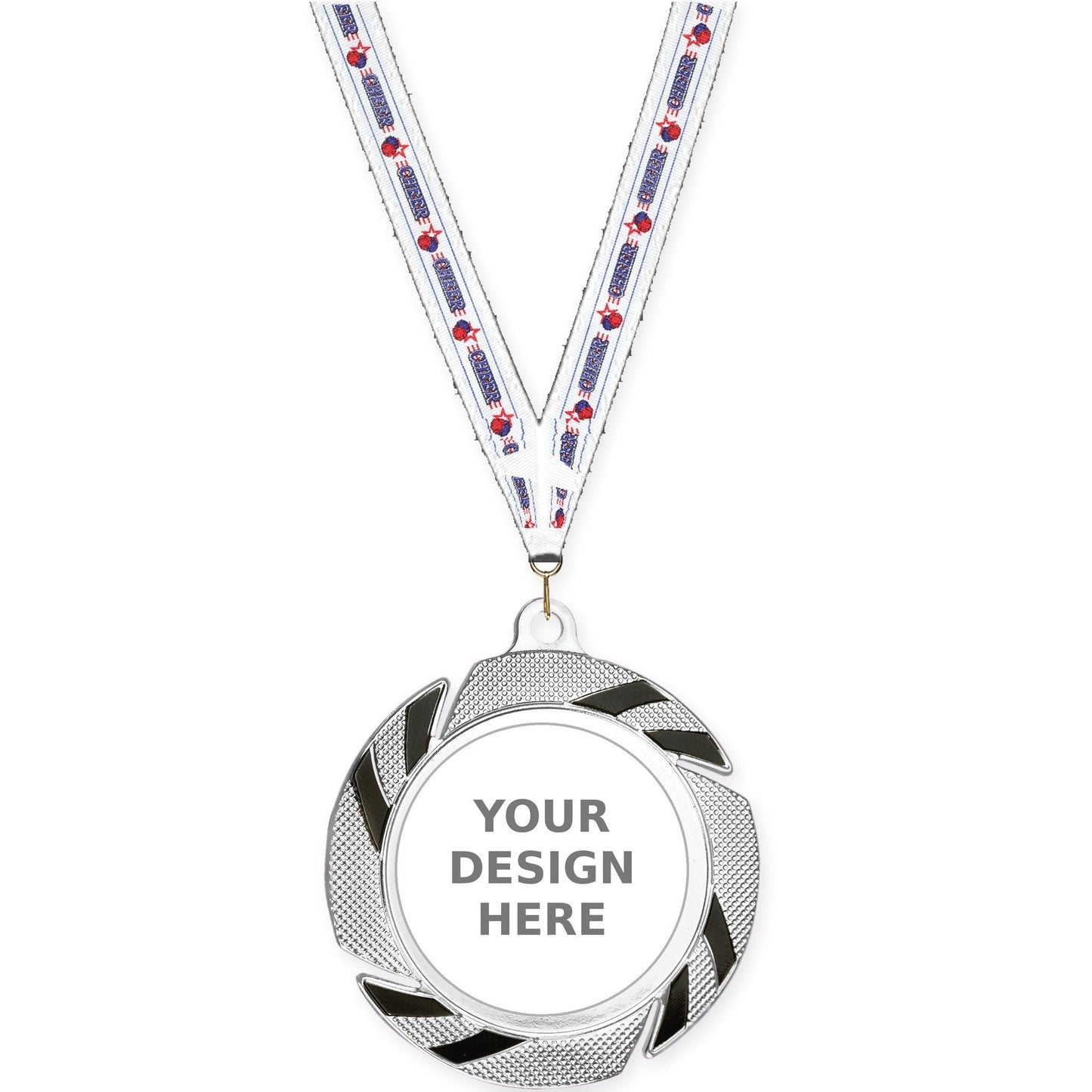 2 3/4 inch Two-Tone Swoosh insert medal in silver/black with Cheerleading neck ribbon