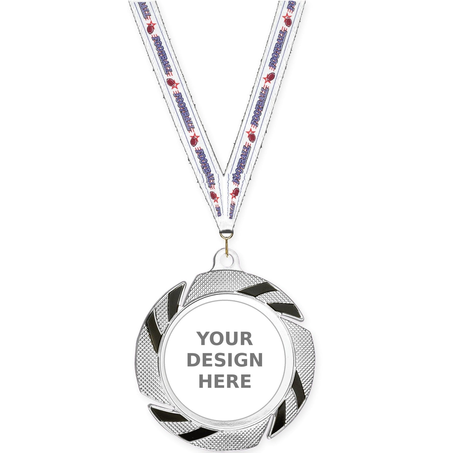 2 3/4 inch Two-Tone Swoosh insert medal in silver/black with Football neck ribbon