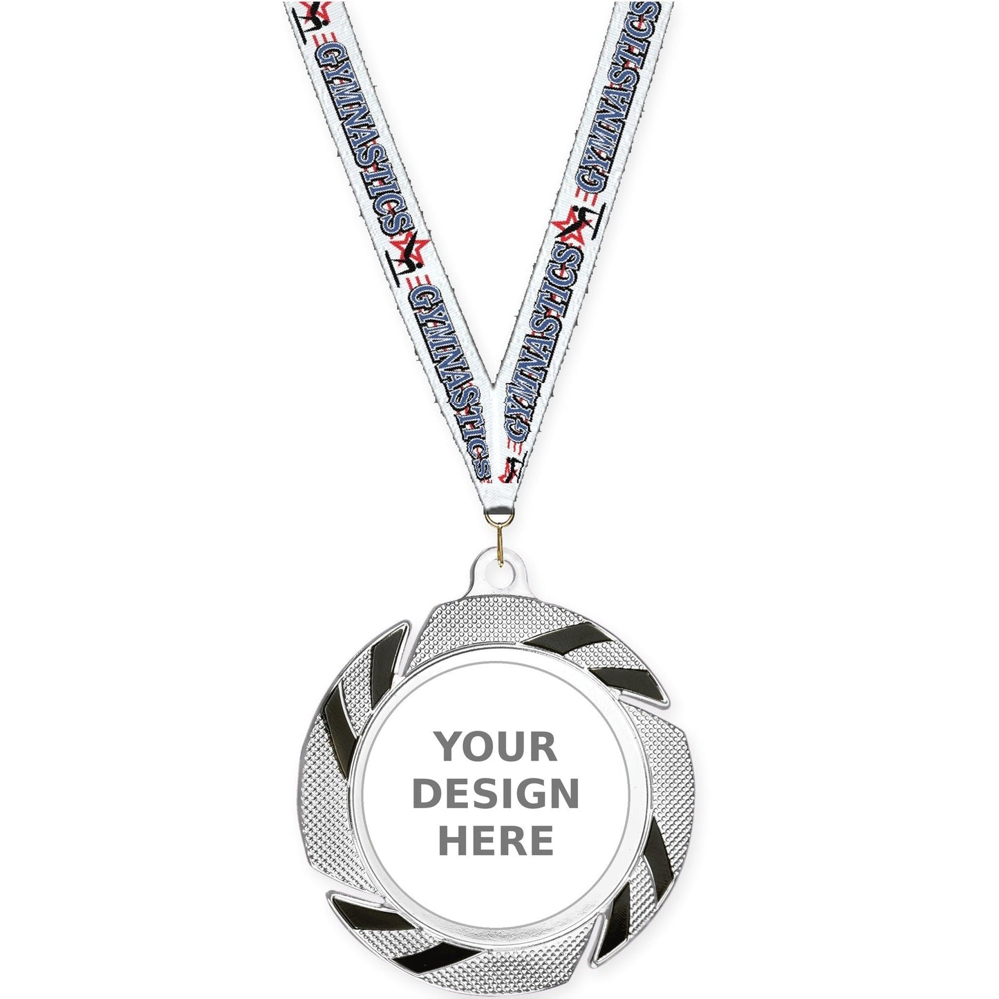 2 3/4 inch Two-Tone Swoosh insert medal in silver/black with Gymnastics neck ribbon