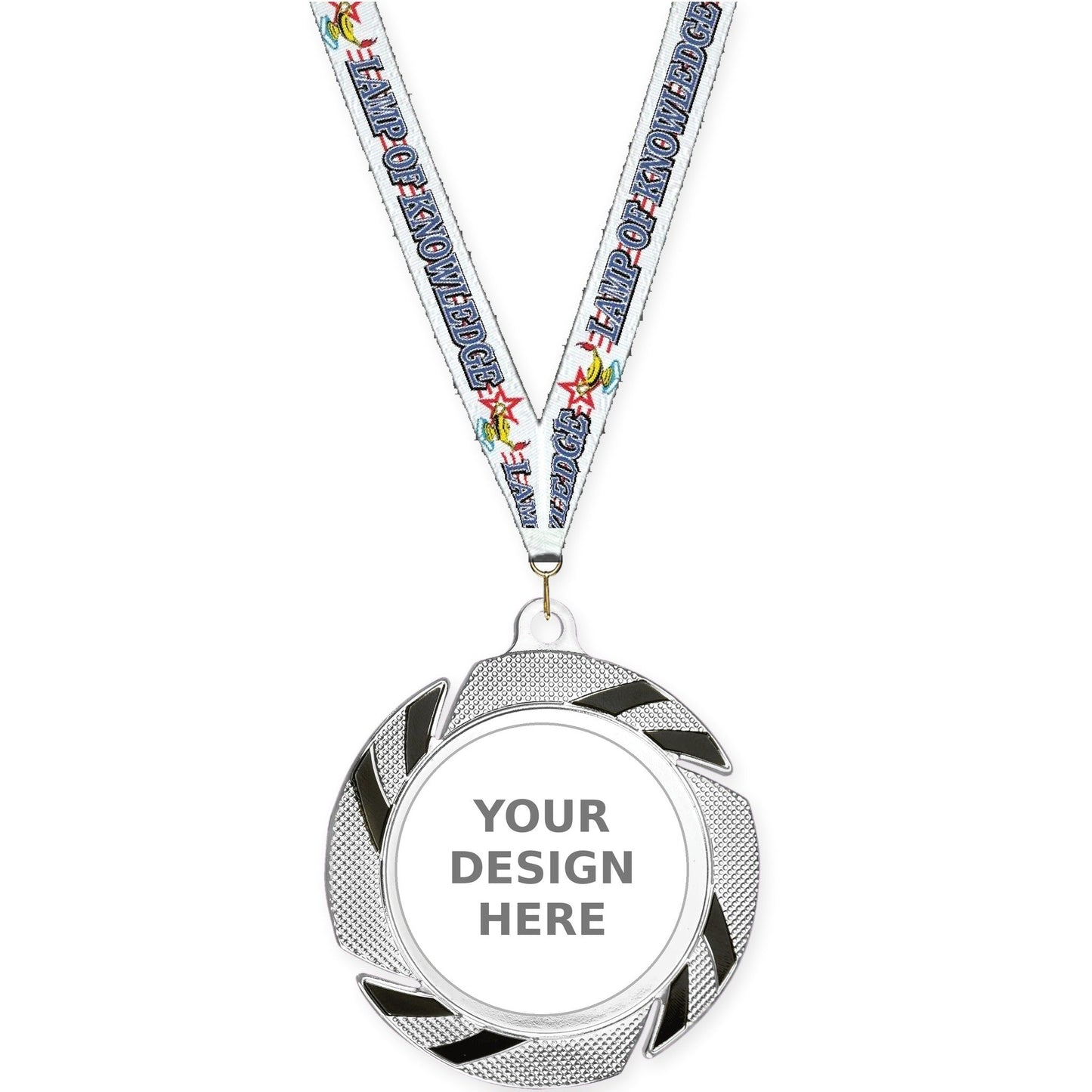 2 3/4 inch Two-Tone Swoosh insert medal in silver/black with Lamp Of Knowledge neck ribbon