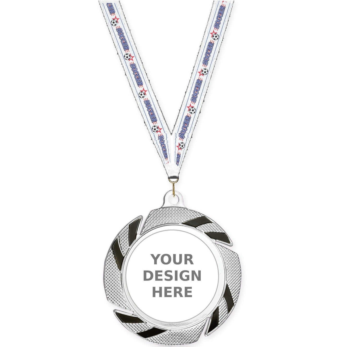 2 3/4 inch Two-Tone Swoosh insert medal in silver/black with Soccer neck ribbon