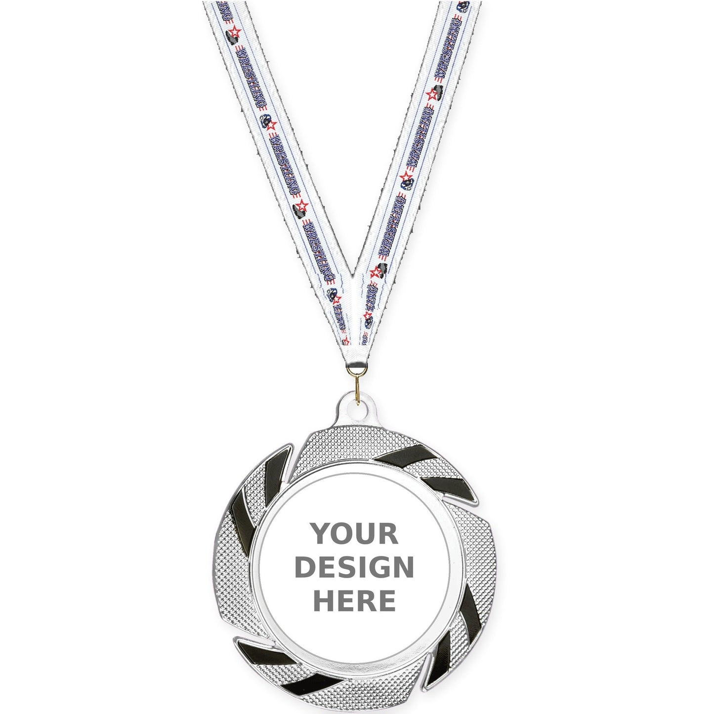 2 3/4 inch Two-Tone Swoosh insert medal in silver/black with Wrestling neck ribbon
