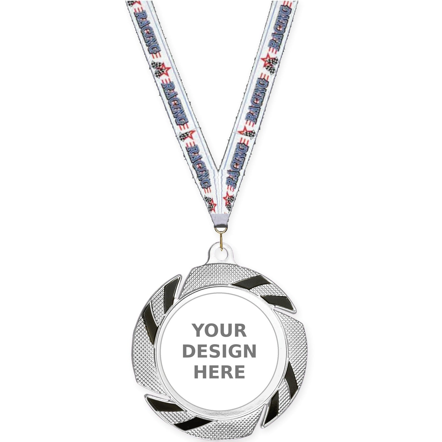 2 3/4 inch Two-Tone Swoosh insert medal in silver/black with Auto Racing neck ribbon