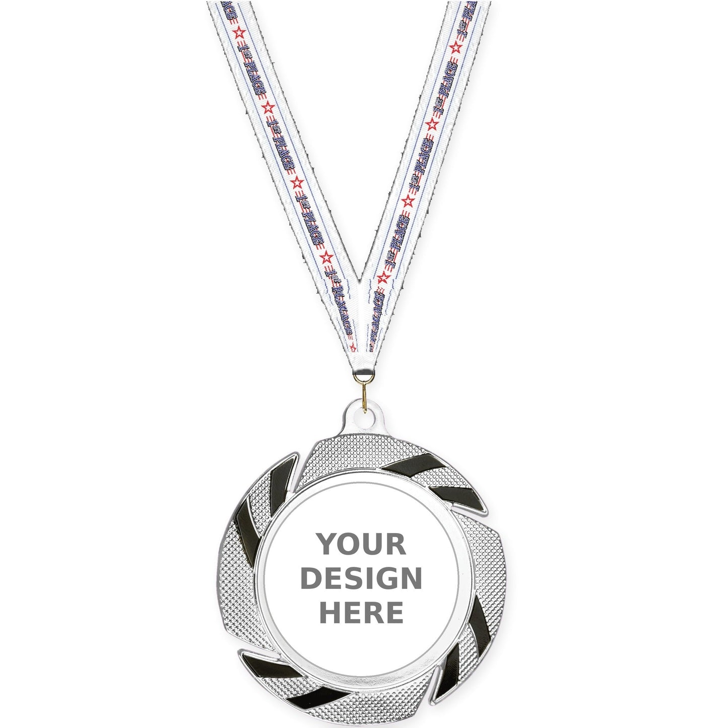 2 3/4 inch Two-Tone Swoosh insert medal in silver/black with 1st Place neck ribbon