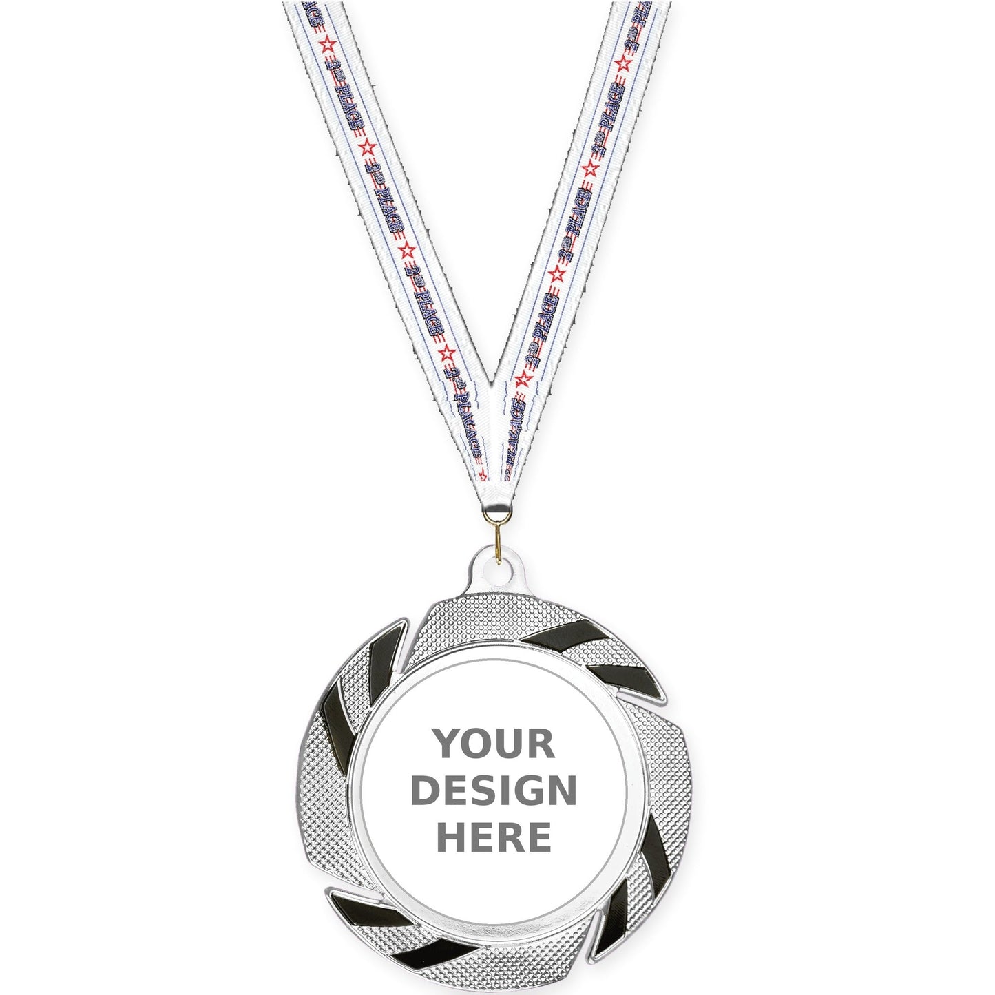 2 3/4 inch Two-Tone Swoosh insert medal in silver/black with 2nd Place neck ribbon