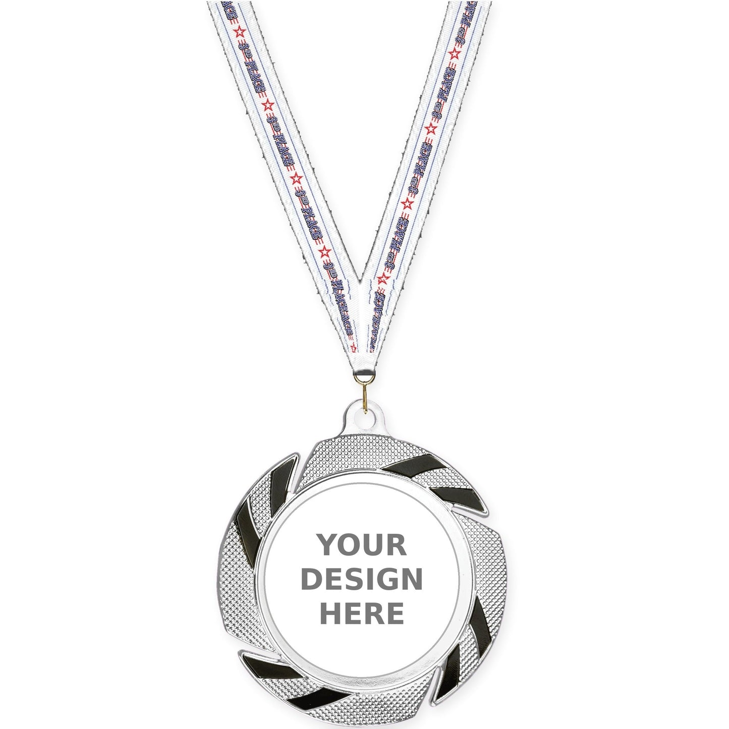 2 3/4 inch Two-Tone Swoosh insert medal in silver/black with 3rd Place neck ribbon