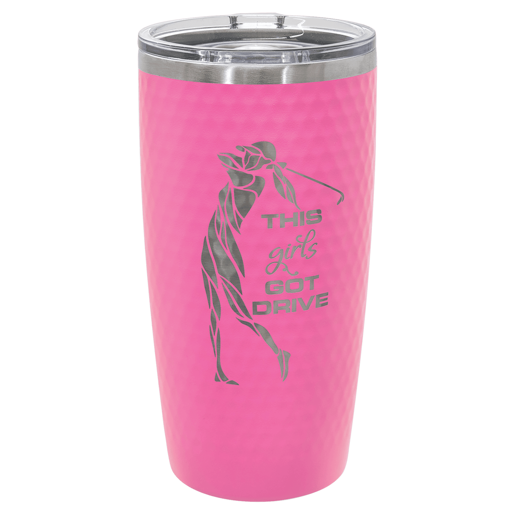 Pink 20 oz dimpled stainless steel golf tumbler with slider lid