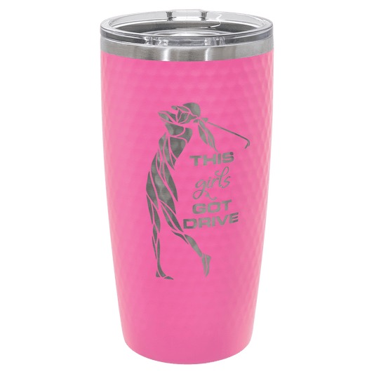 Pink 20 oz dimpled stainless steel golf tumbler with slider lid