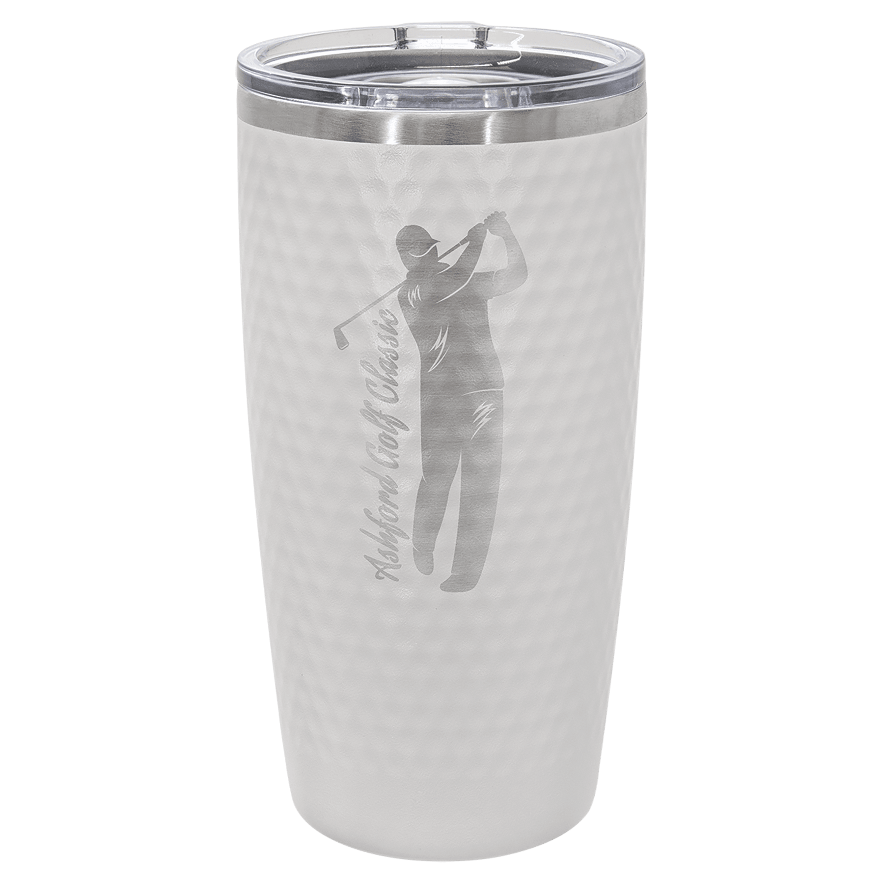 White 20 oz dimpled stainless steel golf tumbler with slider lid