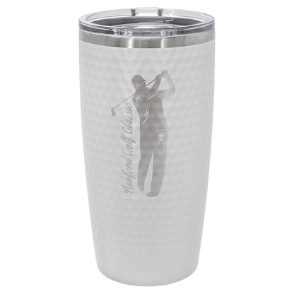 White 20 oz dimpled stainless steel golf tumbler with slider lid