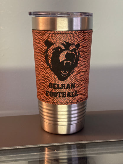 Tumbler with brown leather wrap and metal accents, featuring 'Delran Football' branding.