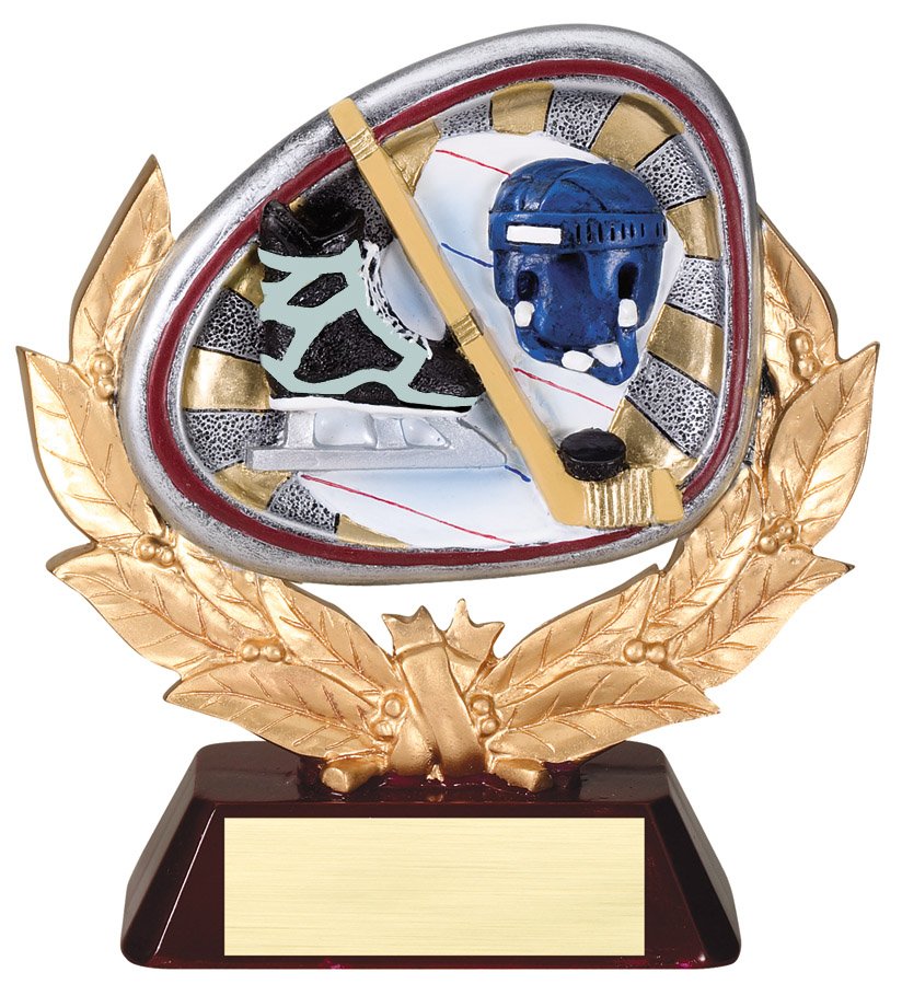Gold wreath hockey trophy with full-color hockey scene
