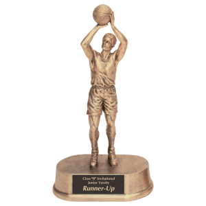 Male basketball player resin trophy shown shooting in a lifelike action pose