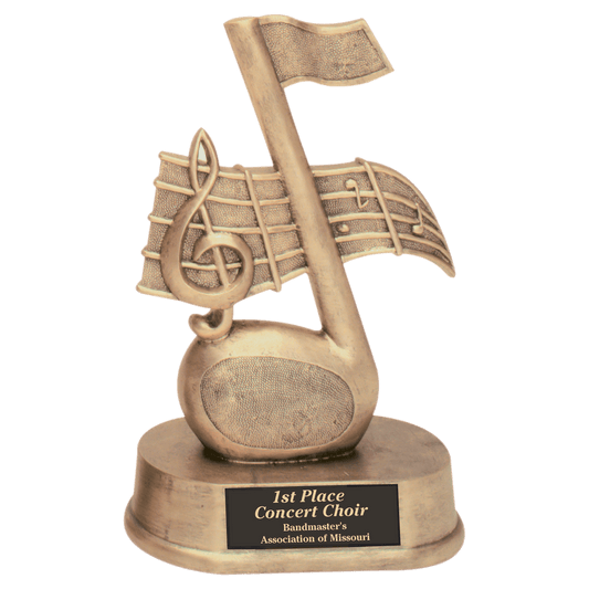 Music Note Resin award, 7.75 inch antique gold