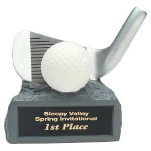 Golf resin trophy with a golf ball and crossed club design on a small base