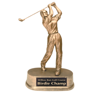 Female golfer resin trophy shown mid-swing in a lifelike action pose